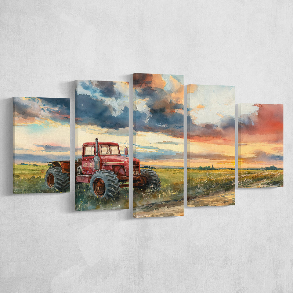 Watercolor Old Tractor And Pastel Clouds Painting, Multi Panel,Mixed Canvas Print Wall Art Decor