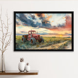 Watercolor Old Tractor And Pastel Clouds Painting, Floating Frame, Framed Canvas Print Wall Art Home Decor
