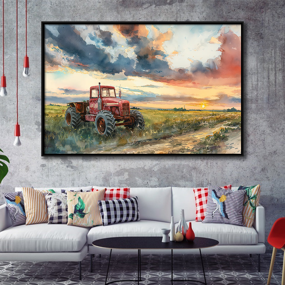 Watercolor Old Tractor And Pastel Clouds Painting, Floating Frame, Framed Canvas Print Wall Art Home Decor