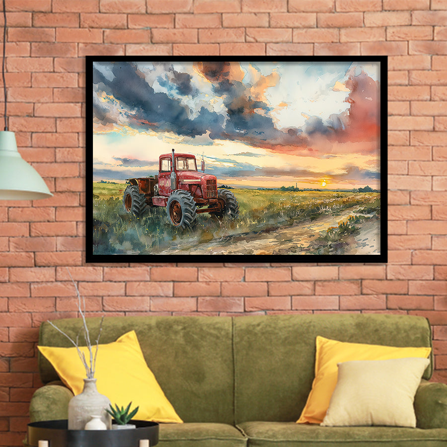 Watercolor Old Tractor And Pastel Clouds Painting, Painting Art, Framed Art Print Wall Art Home Decor