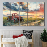 Watercolor Old Tractor And Pastel Clouds Painting, Extra Large Canvas, Canvas Print Wall Art Decor