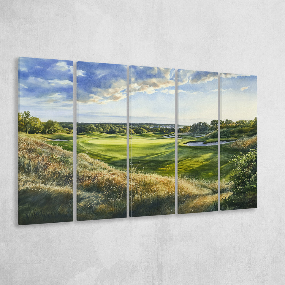Watercolor Painting National Golf Links Of America, Golf Art Print, Extra Large 5 Panel, Canvas Prints Wall Art