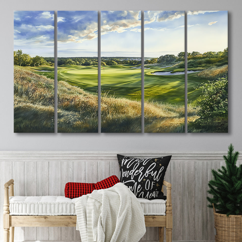 Watercolor Painting National Golf Links Of America, Golf Art Print, Extra Large 5 Panel, Canvas Prints Wall Art