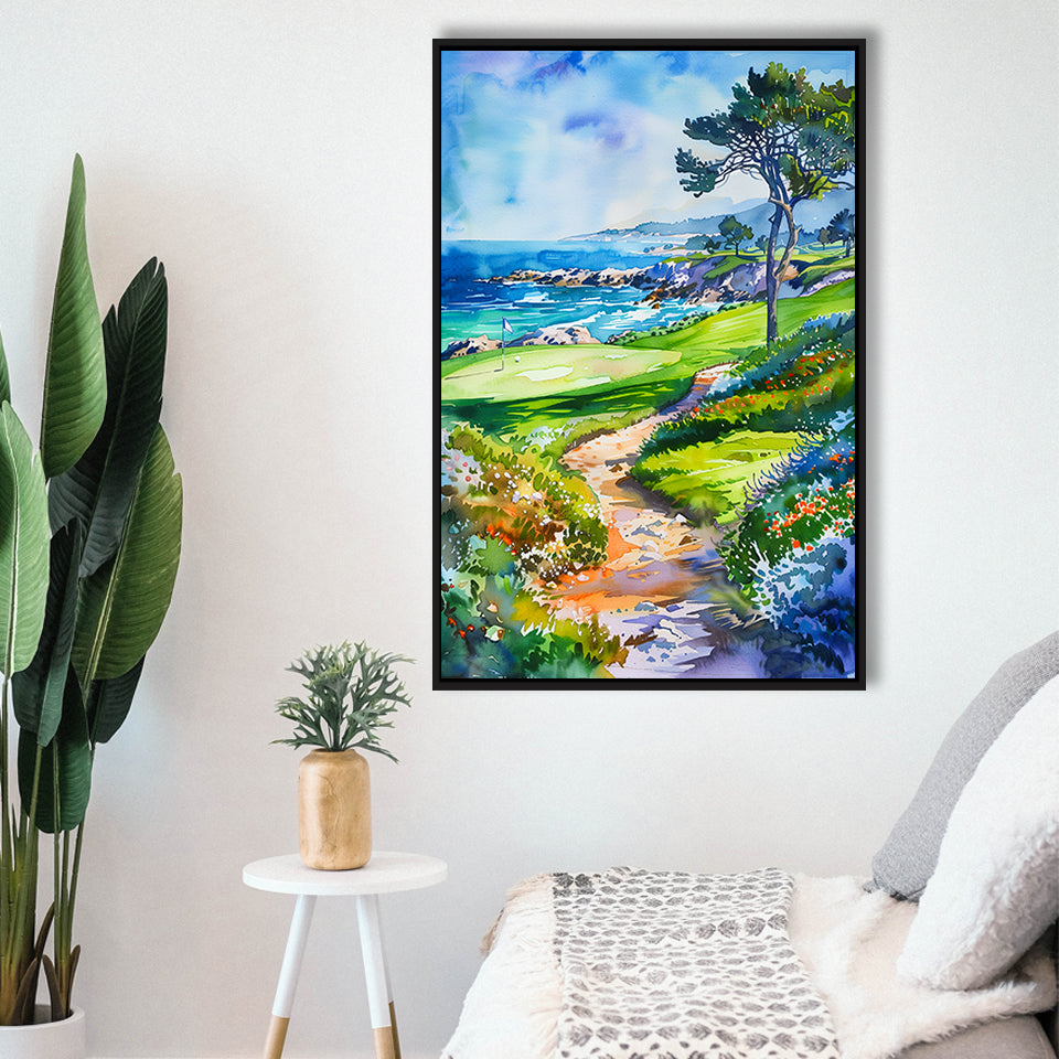 Watercolor Painting Pebble Beach Golf Course, Golf Art Print, Floating Frame, Framed Canvas Print Wall Art