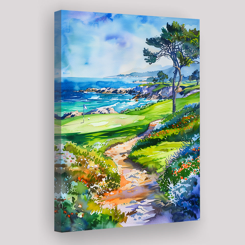 Watercolor Painting Pebble Beach Golf Course, Golf Art Print, Gift for him, Canvas Print Wall Art