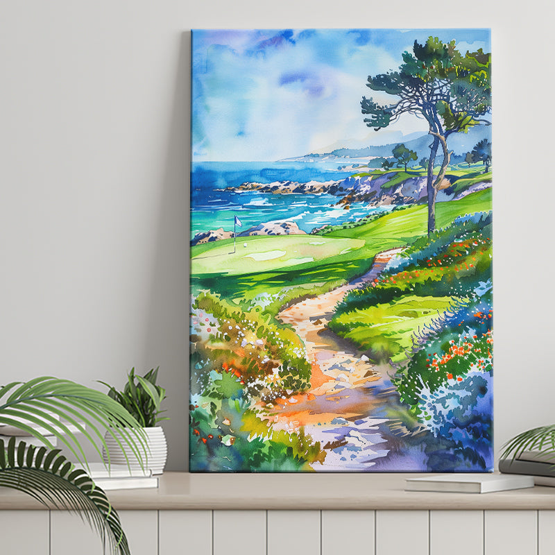 Watercolor Painting Pebble Beach Golf Course, Golf Art Print, Gift for him, Canvas Print Wall Art