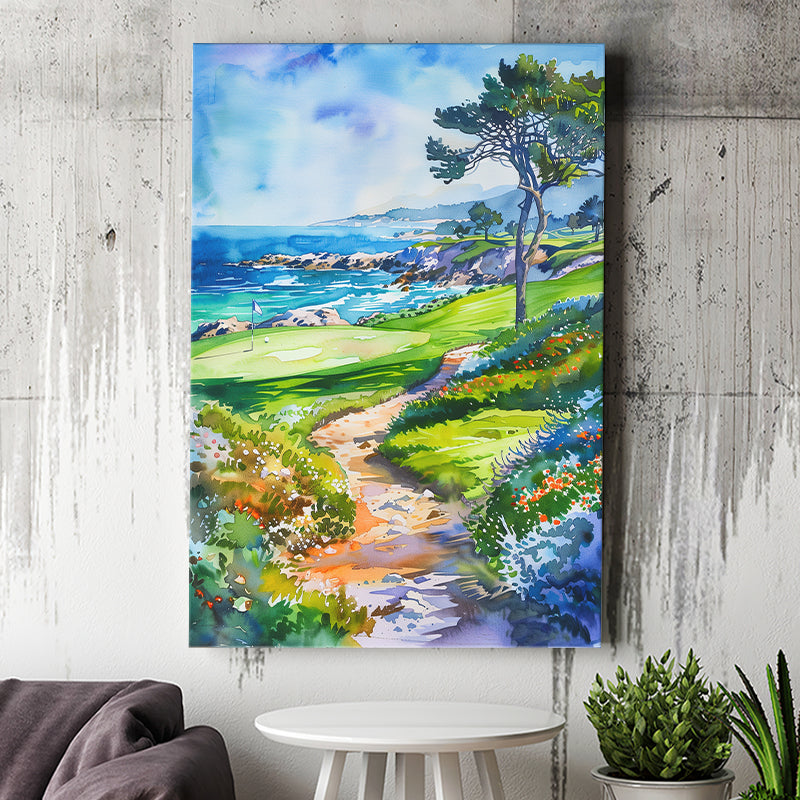Watercolor Painting Pebble Beach Golf Course, Golf Art Print, Gift for him, Canvas Print Wall Art