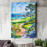 Watercolor Painting Pebble Beach Golf Course, Golf Art Print, Gift for him, Canvas Print Wall Art