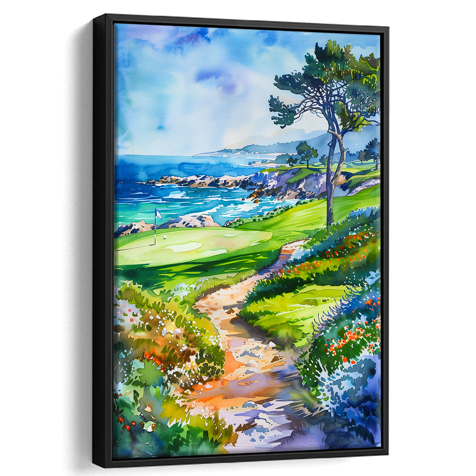 Watercolor Painting Pebble Beach Golf Course, Golf Art Print, Floating Frame, Framed Canvas Print Wall Art