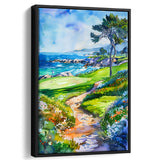 Watercolor Painting Pebble Beach Golf Course, Golf Art Print, Floating Frame, Framed Canvas Print Wall Art