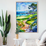 Watercolor Painting Pebble Beach Golf Course, Golf Art Print, Floating Frame, Framed Canvas Print Wall Art