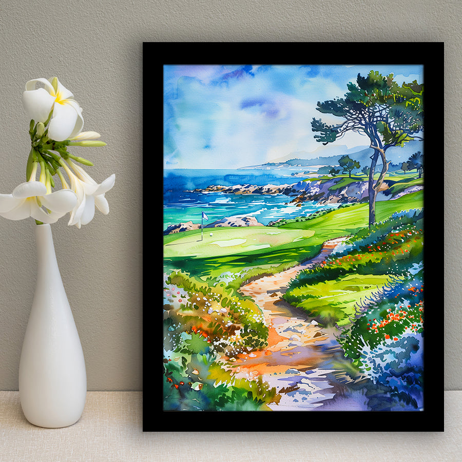 Watercolor Painting Pebble Beach Golf Course, Golf Art, Gift for him, Framed Art Print Wall Decor
