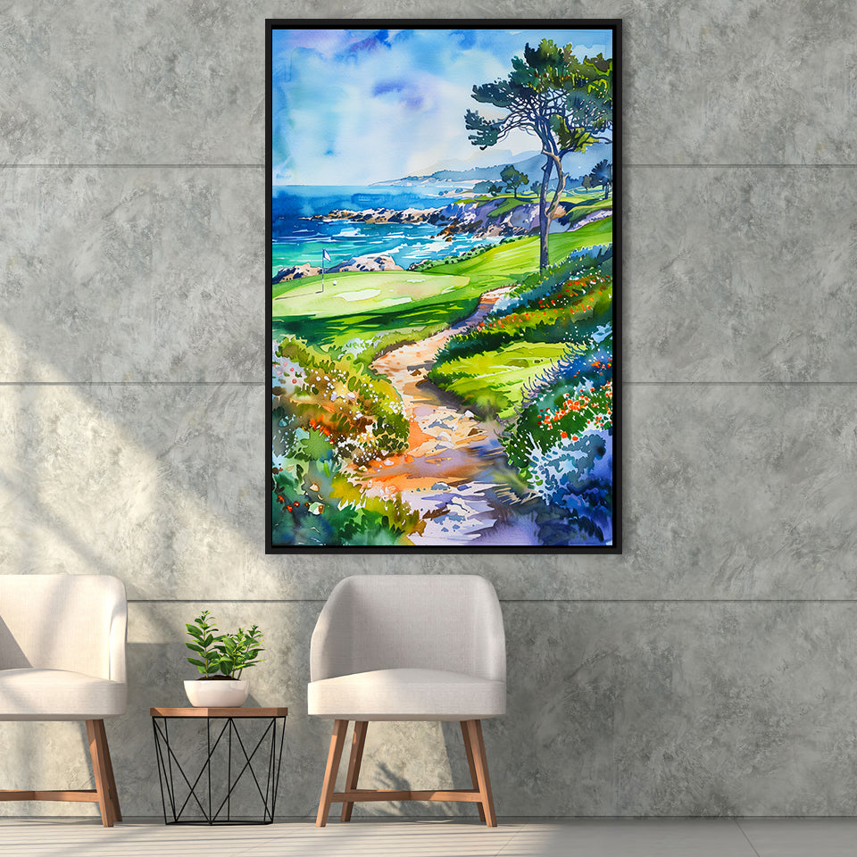 Watercolor Painting Pebble Beach Golf Course, Golf Art Print, Floating Frame, Framed Canvas Print Wall Art