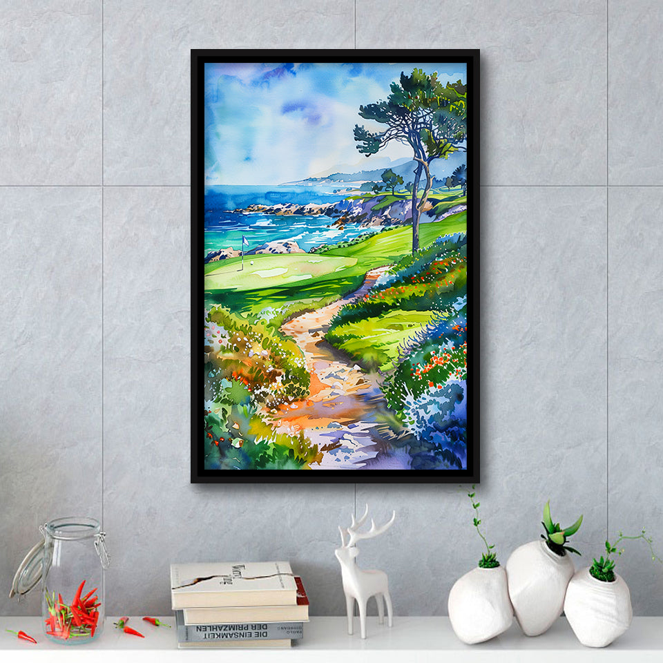 Watercolor Painting Pebble Beach Golf Course, Golf Art Print, Floating Frame, Framed Canvas Print Wall Art
