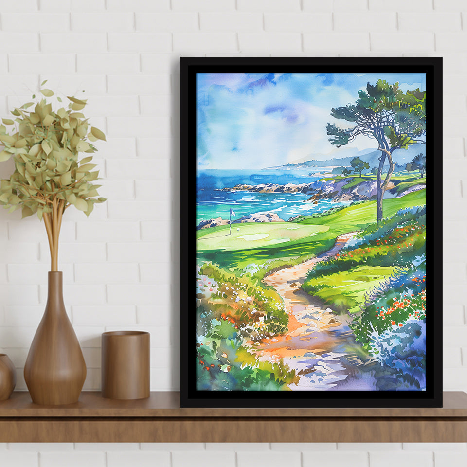 Watercolor Painting Pebble Beach Golf Course, Golf Art Print, Floating Frame, Framed Canvas Print Wall Art