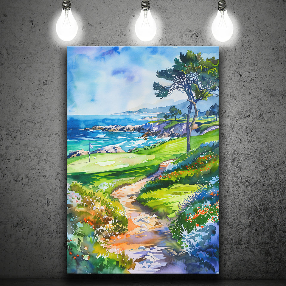 Watercolor Painting Pebble Beach Golf Course, Golf Art Print, Gift for him, Canvas Print Wall Art