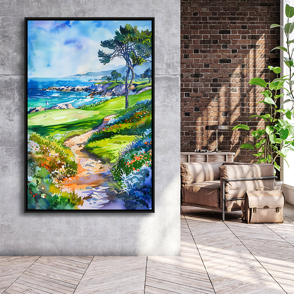 Watercolor Painting Pebble Beach Golf Course, Golf Art Print, Floating Frame, Framed Canvas Print Wall Art