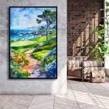 Watercolor Painting Pebble Beach Golf Course, Golf Art Print, Floating Frame, Framed Canvas Print Wall Art