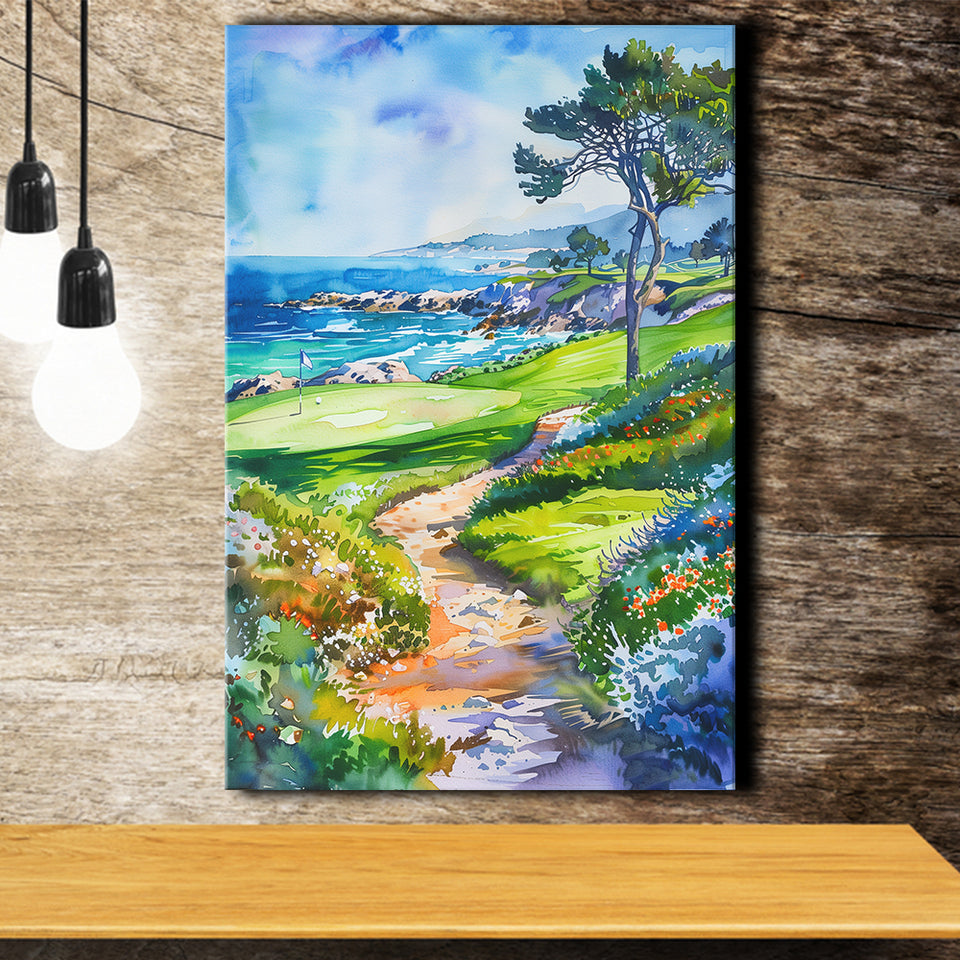 Watercolor Painting Pebble Beach Golf Course, Golf Art Print, Gift for him, Canvas Print Wall Art