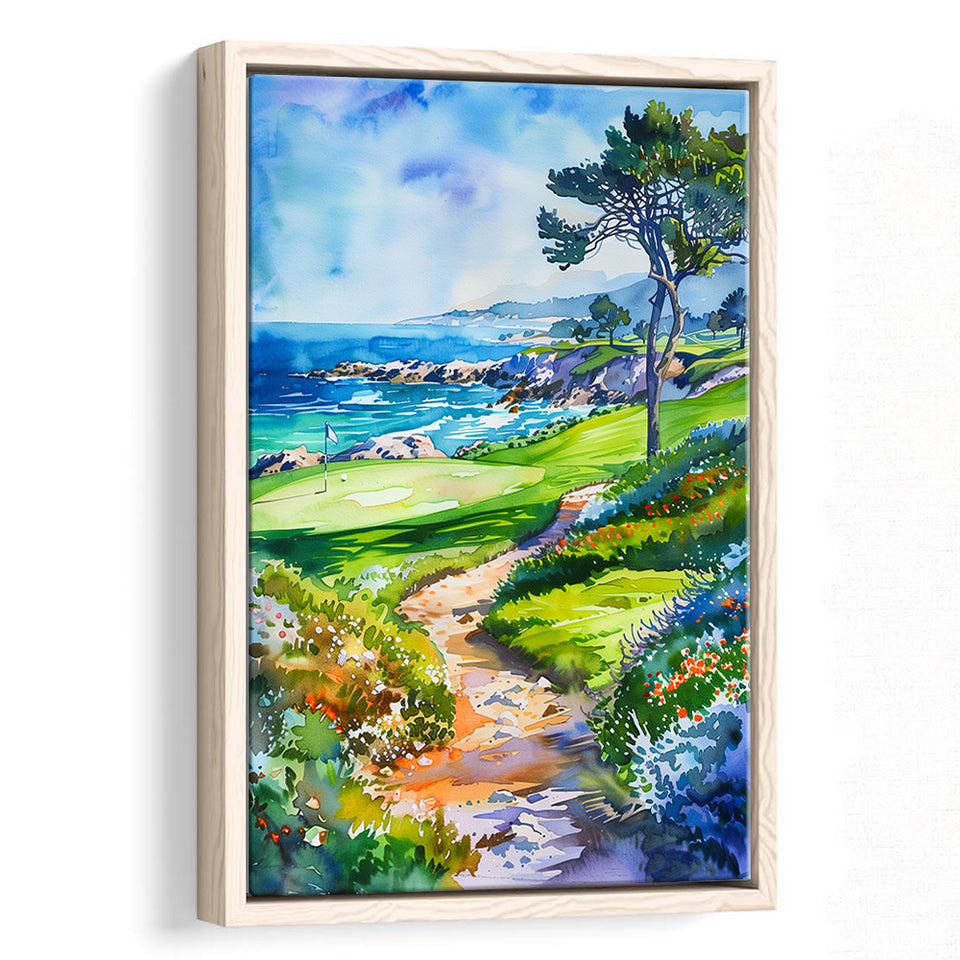 Watercolor Painting Pebble Beach Golf Course, Golf Art Print, Floating Frame, Framed Canvas Print Wall Art