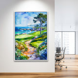 Watercolor Painting Pebble Beach Golf Course, Golf Art Print, Floating Frame, Framed Canvas Print Wall Art