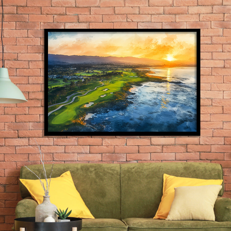 Watercolor Painting Pebble Beach Golf Links Aerial V1, Golf Art, Gift for him, Framed Art Prints Wall Decor