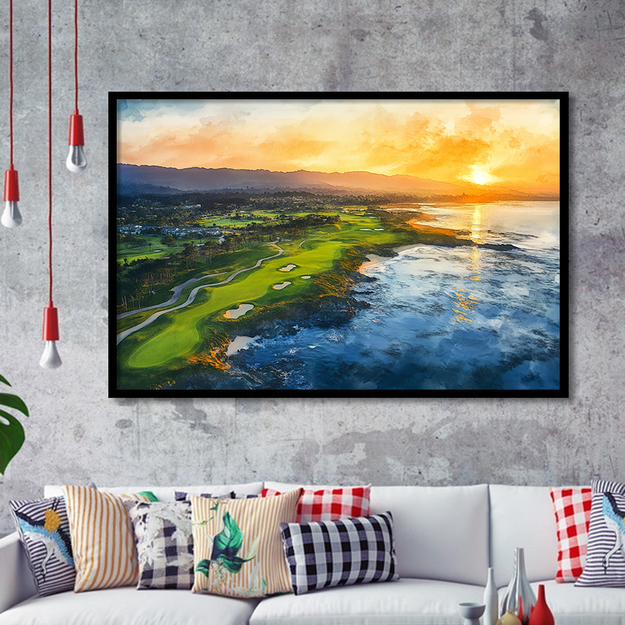 Watercolor Painting Pebble Beach Golf Links Aerial V1, Golf Art, Gift for him, Framed Art Prints Wall Decor