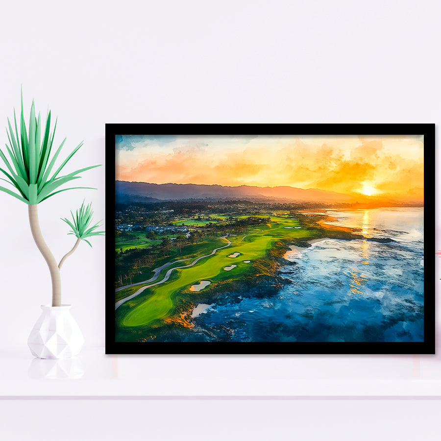 Watercolor Painting Pebble Beach Golf Links Aerial V1, Golf Art, Gift for him, Framed Art Prints Wall Decor