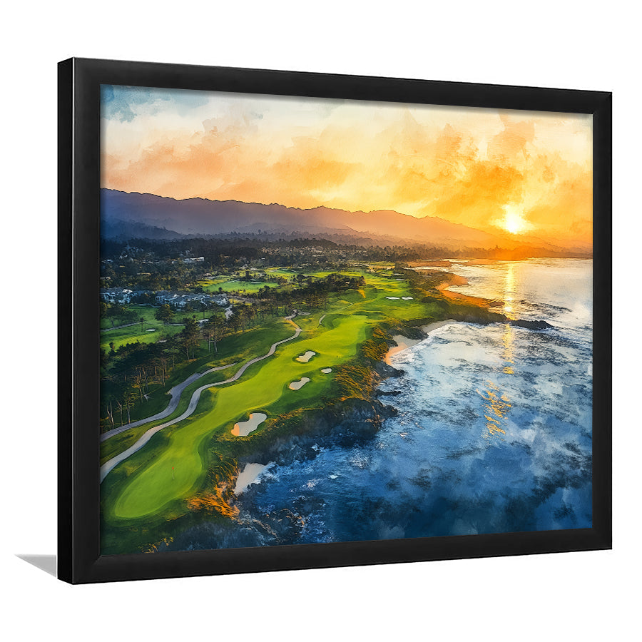 Watercolor Painting Pebble Beach Golf Links Aerial V1, Golf Art, Gift for him, Framed Art Prints Wall Decor