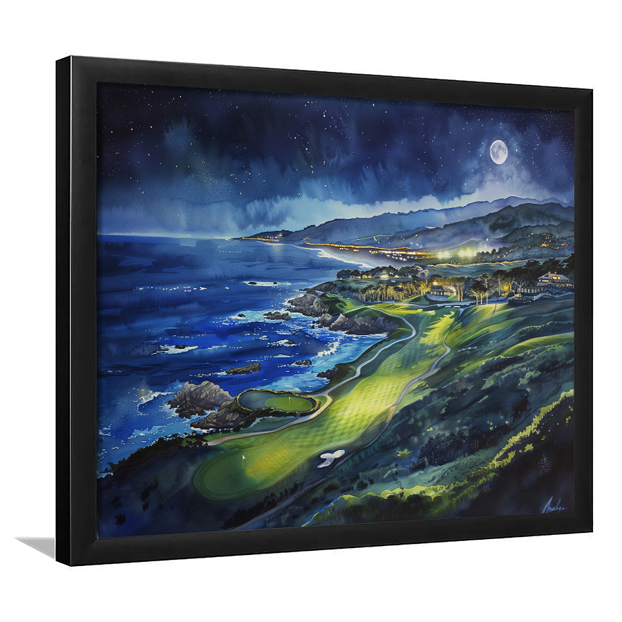 Watercolor Painting Pebble Beach Golf Links Aerial V2, Golf Art, Gift for him, Framed Art Prints Wall Decor