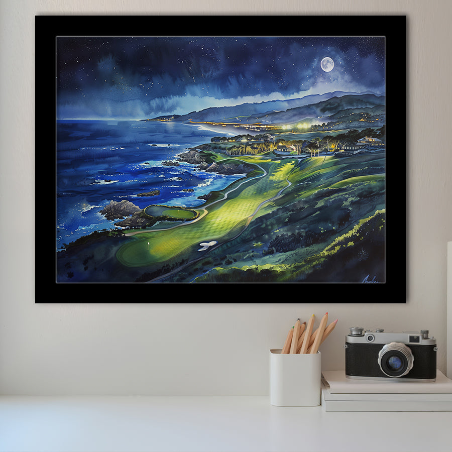 Watercolor Painting Pebble Beach Golf Links Aerial V2, Golf Art, Gift for him, Framed Art Prints Wall Decor