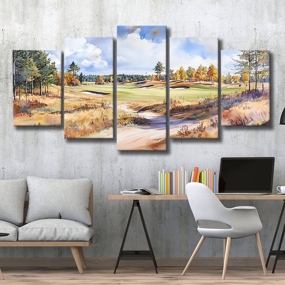 Watercolor Painting Sand Valley Golf Resort V1, Golf Art Print, Mixed 5 Panel, Canvas Prints Wall Art