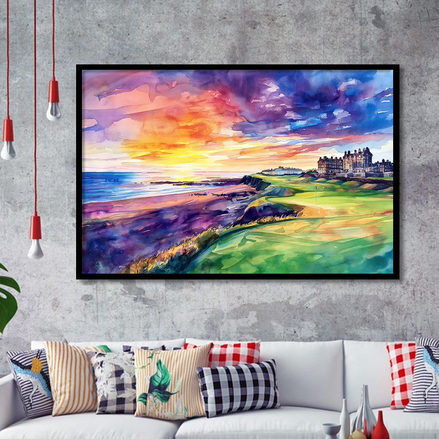 Watercolor Painting St. Andrews Golf Clubold Course V1, Golf Art, Gift for him, Framed Art Prints Wall Decor