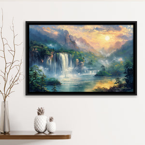 Waterfall And Forest In the Sunrise, Floating Frame, Framed Canvas Print Wall Art Home Decor