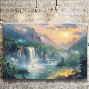 Waterfall And Forest In the Sunrise, Art Print, Canvas Print Wall Art Home Decor