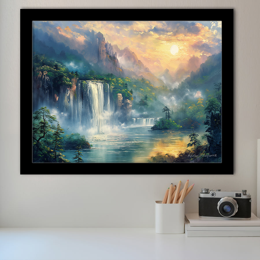 Waterfall And Forest In the Sunrise, Painting Art, Framed Art Print Wall Art Home Decor