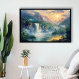 Waterfall And Forest In the Sunrise, Floating Frame, Framed Canvas Print Wall Art Home Decor