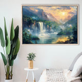 Waterfall And Forest In the Sunrise, Floating Frame, Framed Canvas Print Wall Art Home Decor