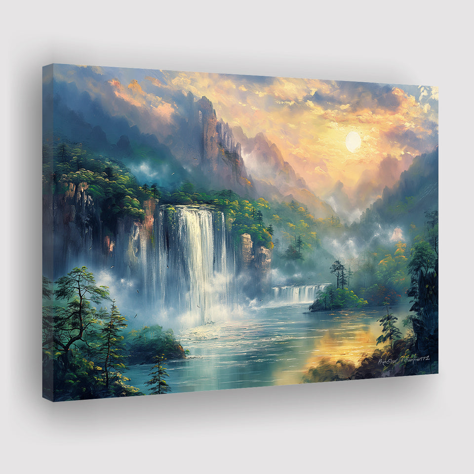 Waterfall And Forest In the Sunrise, Art Print, Canvas Print Wall Art Home Decor