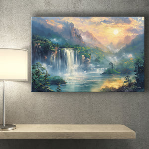 Waterfall And Forest In the Sunrise, Art Print, Canvas Print Wall Art Home Decor