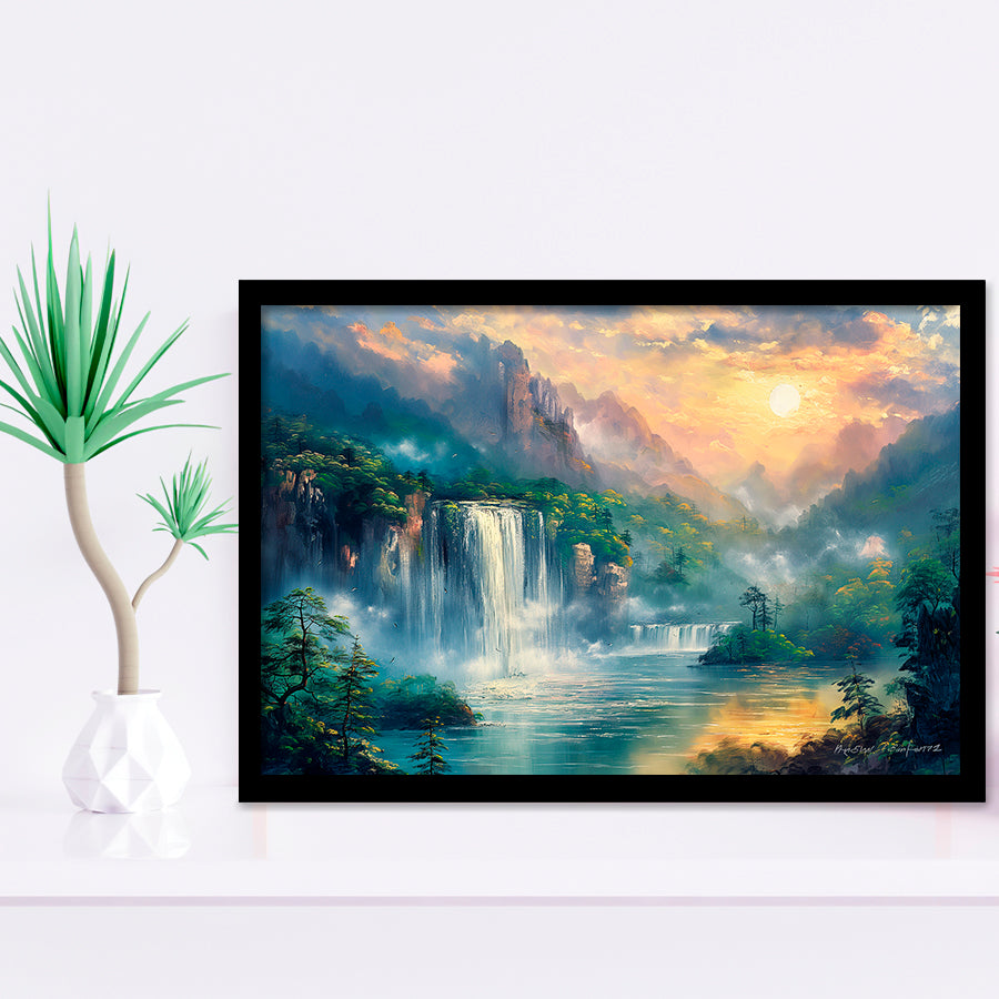 Waterfall And Forest In the Sunrise, Painting Art, Framed Art Print Wall Art Home Decor