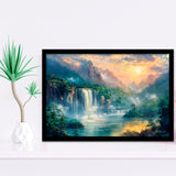 Waterfall And Forest In the Sunrise, Painting Art, Framed Art Print Wall Art Home Decor