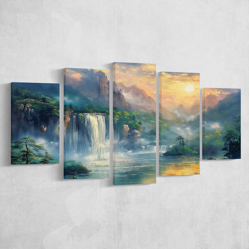 Waterfall And Forest In the Sunrise, Multi Panel,Mixed Canvas Print Wall Art Decor