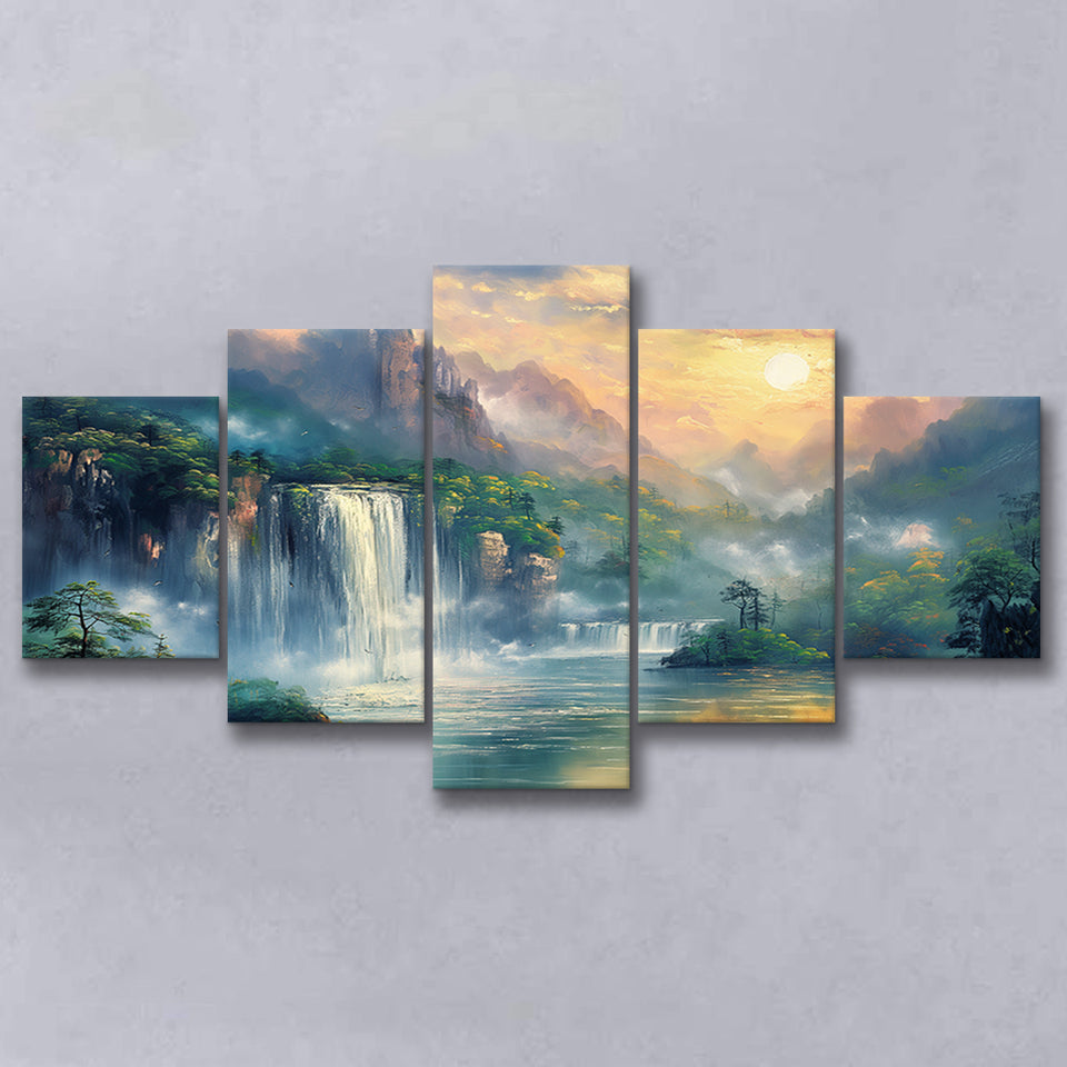 Waterfall And Forest In the Sunrise, Multi Panel,Mixed Canvas Print Wall Art Decor