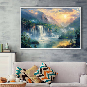 Waterfall And Forest In the Sunrise, Floating Frame, Framed Canvas Print Wall Art Home Decor