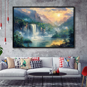 Waterfall And Forest In the Sunrise, Floating Frame, Framed Canvas Print Wall Art Home Decor