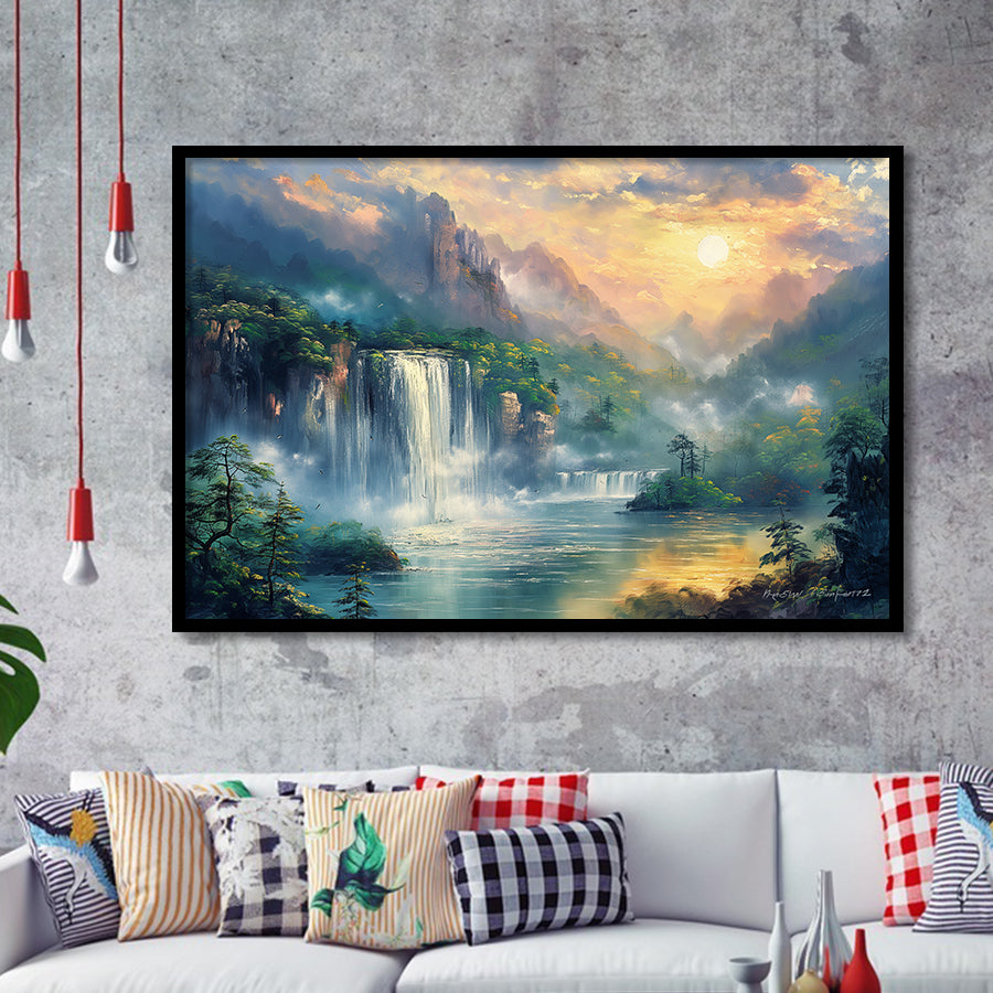 Waterfall And Forest In the Sunrise, Painting Art, Framed Art Print Wall Art Home Decor
