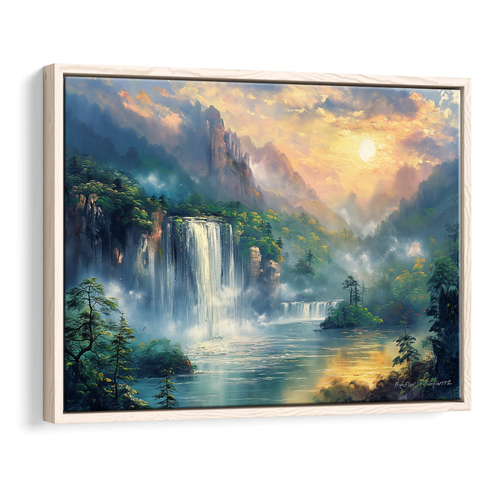 Waterfall And Forest In the Sunrise, Floating Frame, Framed Canvas Print Wall Art Home Decor