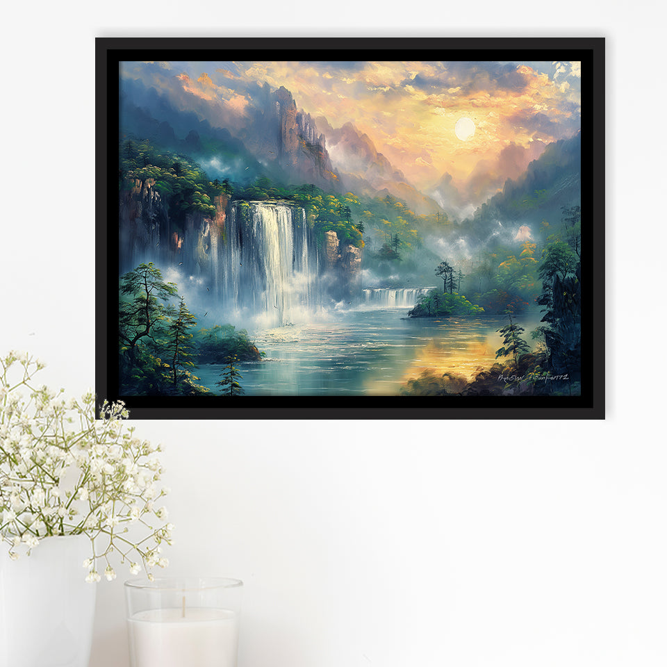 Waterfall And Forest In the Sunrise, Floating Frame, Framed Canvas Print Wall Art Home Decor