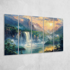 Waterfall And Forest In the Sunrise, Extra Large Canvas, Canvas Print Wall Art Decor